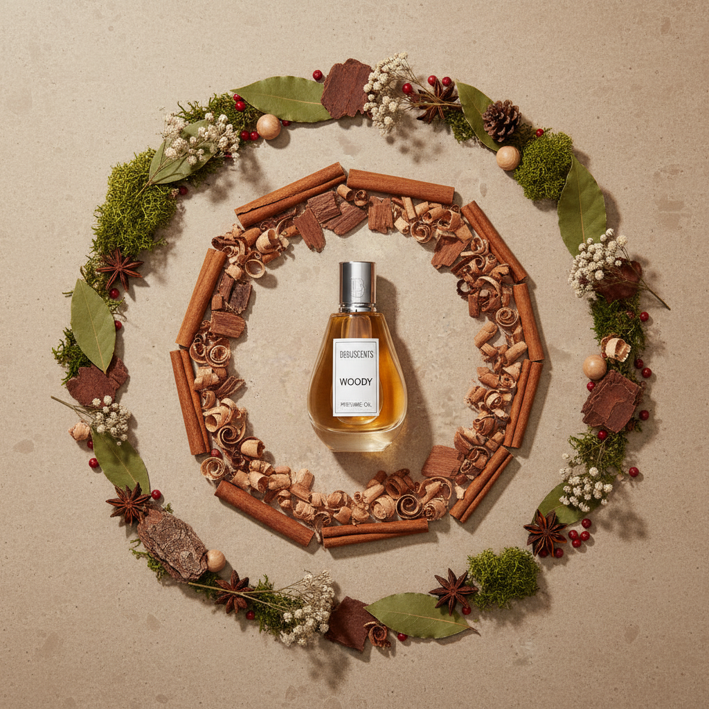 Woody Perfume Botanical Flat Lay
